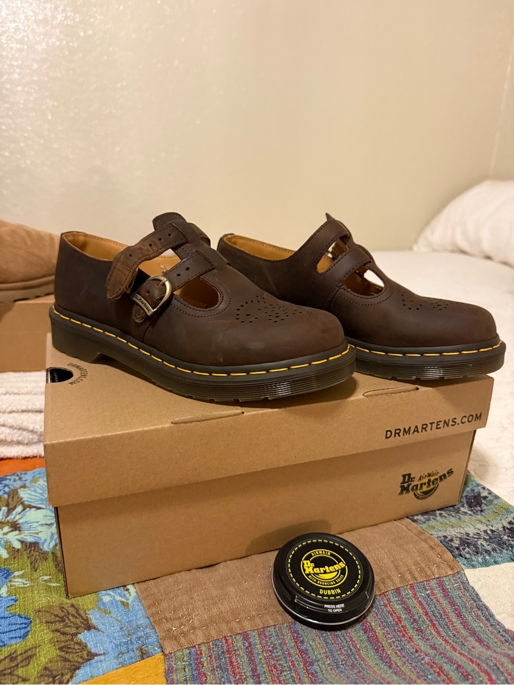 Dr. Martens Brown Mary Jane T-Strap Loafers with Yellow Stitching